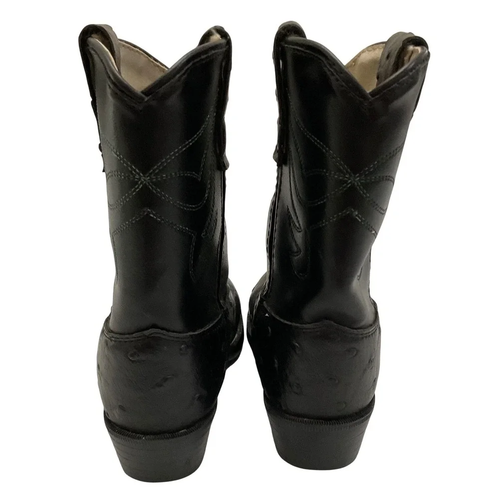 Old West Kids Black Faux Ostrich‎ Western Cowboy Boots Round Toe Size 7.5 2010